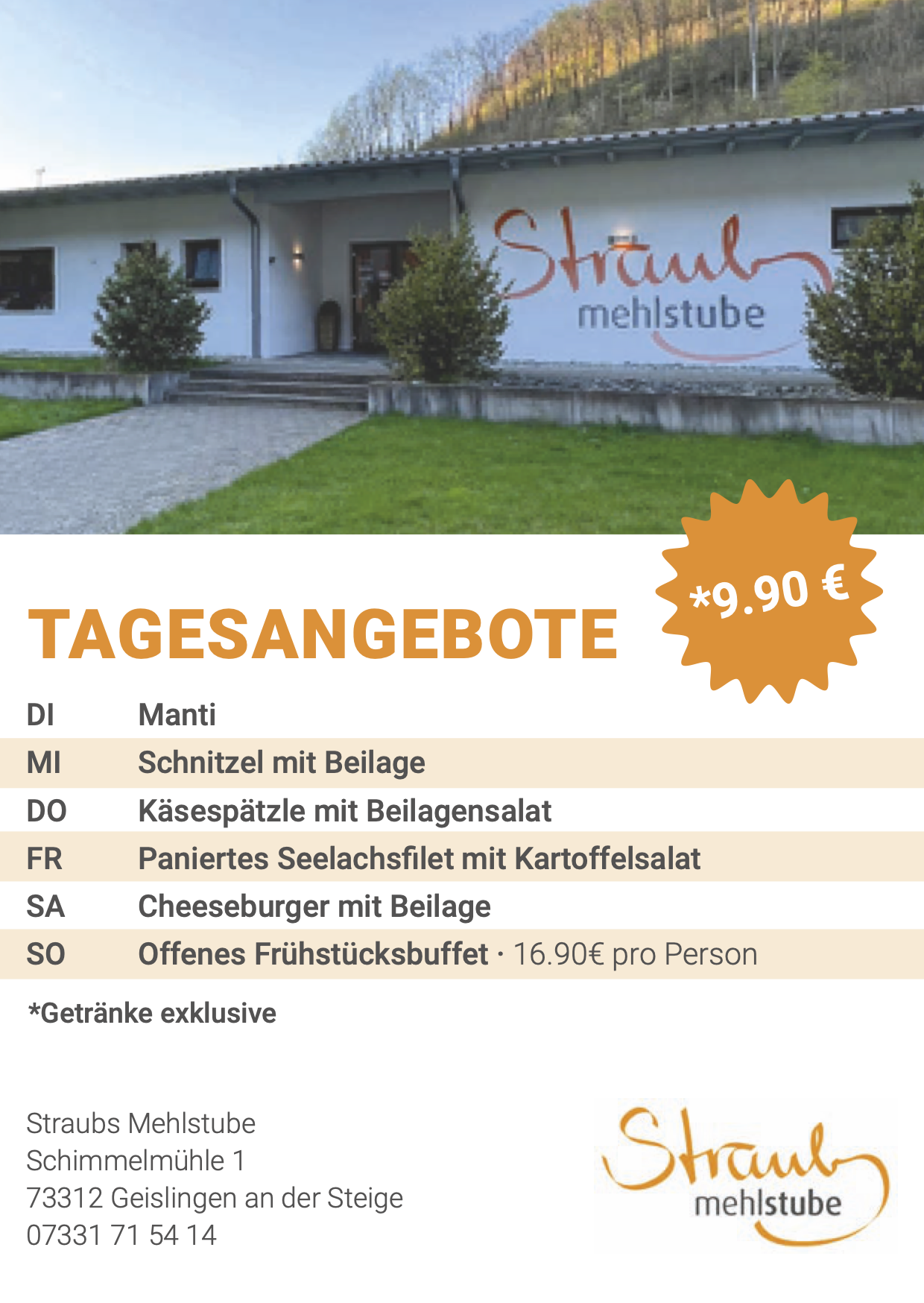 Straub Mühle Tagesangebote Restaurant